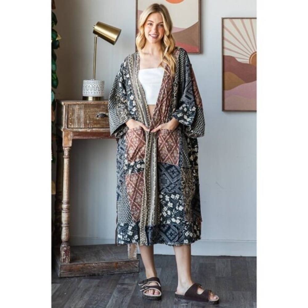 Oli & Hali Washed Mix Media Open Front Pocket Cardigan NEW Size Large - Picture 4 of 10